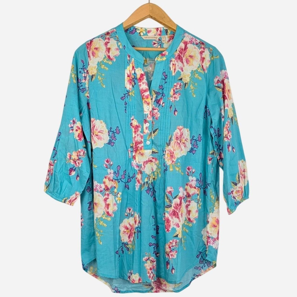 Soft Surroundings Lanie Printed Tunic Teal Floral Pintuck Cotton NWOT Large